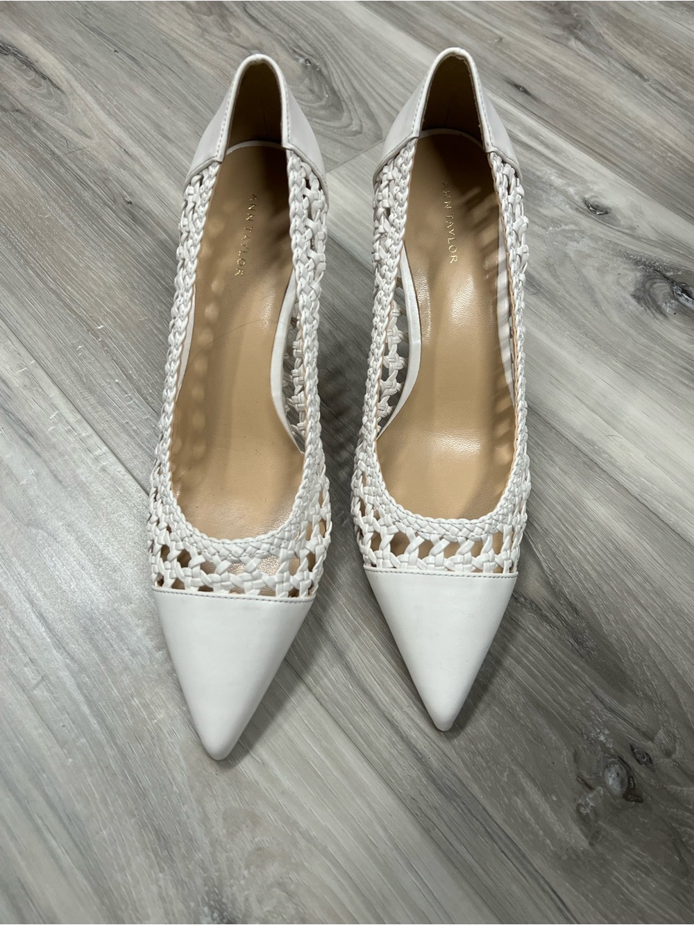 Ann Taylor White Woven Pointed Toe Pumps